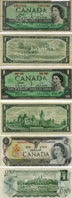 CANADIAN PAPER MONEY PACK -  1954 MODIFIED PORTRAIT, 1967 AND 1973 1-DOLLAR NOTES