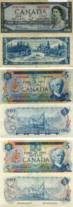 CANADIAN PAPER MONEY PACK -  1954 MODIFIED PORTRAIT, 1972 AND 1979 5-DOLLAR NOTES