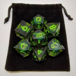 CAT'S EYE LIQUID CORE DICE -  GREEN WITH BLACK SUEDE POUCH (7)