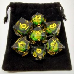 CAT'S EYE LIQUID CORE DICE -  YELLOW WITH BLACK SUEDE POUCH (7)