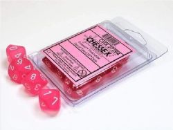 CHESSEX -  10D10 DICE SET, FROSTED PINK WITH WHITE NUMBERS -  10D10 DICE SET FROSTED