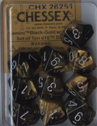 CHESSEX -  10D10 DICE SET, GEMINI BLACK/GOLD WITH SILVER NUMBERS -  10D10 DICE SET GEMINI