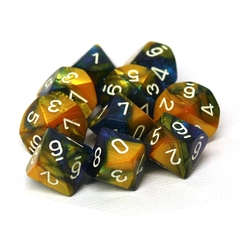 CHESSEX -  10D10 DICE SET, GEMINI MASQUERADE/YELLOW WITH WHITE NUMBERS -  10D10 DICE SET GEMINI