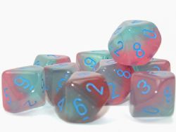 CHESSEX -  10D10 DICE SET, LUMINARY GEL GREEN-PINK AND BLUE -  10D10 DICE SET LUMINARY