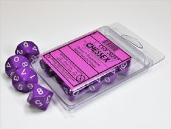 CHESSEX -  10D10 DICE SET, OPAQUE PURPLE WITH WHITE NUMBERS -  10D10 DICE SET OPAQUE
