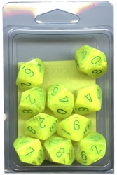 CHESSEX -  10D10 DICE SET, VORTEX ELECTRIC YELLOW WITH GREEN -  10D10 DICE SET VORTEX