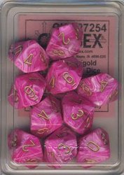 CHESSEX -  10D10 DICE SET, VORTEX PINK WITH GOLD -  10D10 DICE SET VORTEX