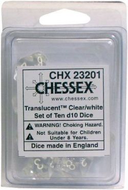CHESSEX -  10D10 TRANSLUSCENT SET - CLEAR WITH WHITES