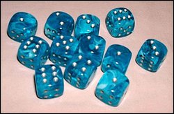 CHESSEX -  12D6 DICE SET, CIRRUS CIRRUS, AQUA WITH SILVER -  12D6 DICE SET CIRRUS