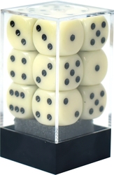 CHESSEX -  12D6 DICE SET, OPAQUE IVORY AND BLACK -  12D6 DICE SET OPAQUE