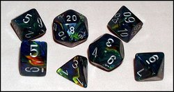CHESSEX -  7 DICE RPG SET, FESTIVE FESTIVE, GREEN WITH SILVER -  7 DICE RPG SET FESTIVE
