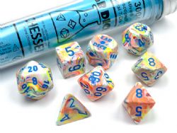 CHESSEX -  7 DICE RPG SET, FESTIVE KALEIDOSCOPE WITH BLUE -  7 DICE RPG SET FESTIVE