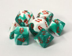 CHESSEX -  7 DICE RPG SET, LAB DICE MINT GREEN/WHITE AND ORANGE -  7 DICE RPG SET LAB DICE