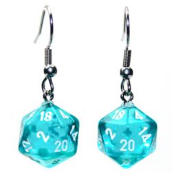 CHESSEX EARRINGS -  MINI D20 HOOK EARRINGS - TRANSLUCENT TEAL AND WHITE