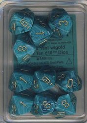 CHESSEX -  TEAL WITH GOLD -  10D10 DICE SET VORTEX