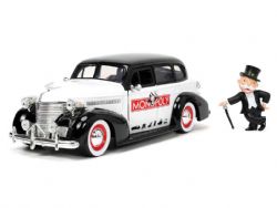 CHEVROLET -  1939 CHEVROLET MASTER DELUXE 1/24 WITH MR. MONOPOLY FIGURINE - BLACK AND WHITE 