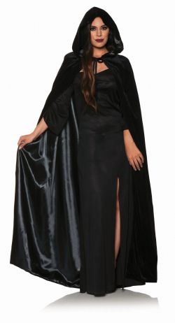 CLOAKS -  VELVET HOODED CAPE WITH LINING - BLACK/BLACK (ADULT - ONE SIZE)