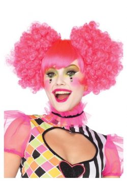 CLOWN -  HARLEQUIN NEON WIG WITH CURLY PUFF CLIP-ON PIECES - PINK (ADULT)