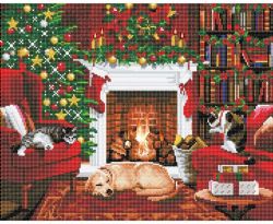 CRYSTAL ART -  PETS BY THE FIREPLACE (16