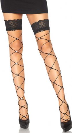 CRYSTALISED WIDE NET LACE TOP THIGH HIGHS - BLACK (ADULT - ONE SIZE)