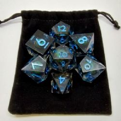 DEMON'S EYE LIQUID CORE DICE -  BLACK WITH GREEN EYE IN A BLACK SUEDE POUCH (7)