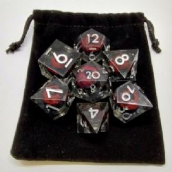 DEMON'S EYE LIQUID CORE DICE -  BLACK WITH RED EYE IN A BLACK SUEDE POUCH (7)