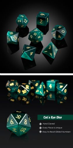 DICE HABIT -  GEMSTONE, GREEN CAT'S EYE -  7 DICE RPG SET SYNTHECTIC GEMSTONE