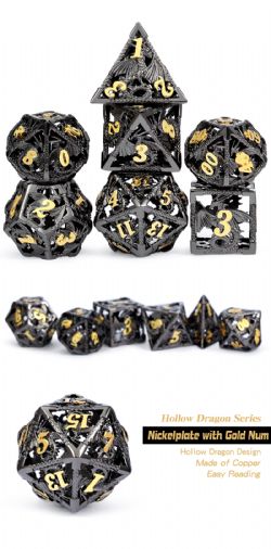 DICE HABIT -  HOLLOW, DRAGON BLACK AND GOLD -  7 DICE RPG SET HOLLOW DRAGON