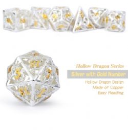 DICE HABIT -  HOLLOW, DRAGON SILVER AND GOLD -  7 DICE RPG SET HOLLOW DRAGON