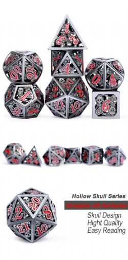 DICE HABIT -  HOLLOW, SKULL GUNMETAL AND RED -  7 DICE RPG SET HOLLOW SKULL