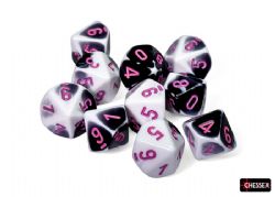 DICE SET -  10 D10, GEMINI - BLACK & WHITE & PINK