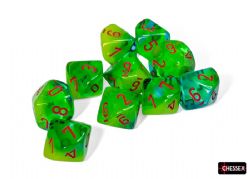 DICE SET -  10 D10, GEMINI - PLASMA GREEN & TEAL & ORANGE - LUMINARY