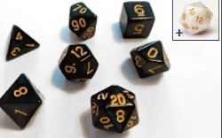 DICE SET -  7 DICE, SOLID BLACK WITH GOLD