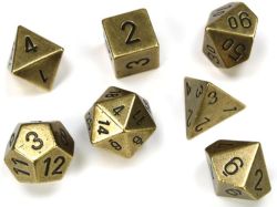 DICE SET -  7 POLYHEDRAL METAL DICE - OLD BRASS