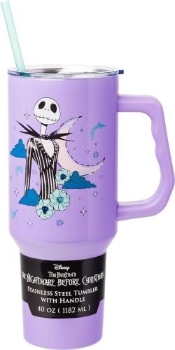 DISNEY -  THE NIGHTMARE BEFORE CHRISTMAS STAINLESS STEEL TUMBLER WITH HANDLE FEATURING JACK SKELLINGTON AND ZERO (40 OZ)