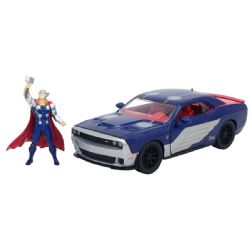 DODGE -  2015 DODGE CHALLENGER SRT HELLCAT 1/24 WITH THOR FIGURINE - DARK BLUE WITH GRAPHICS AND RED INTERIOR -  MARVEL AVENGERS
