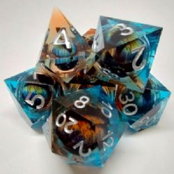 DRAGON'S EYE LIQUID CORE DICE KIT -  BLUE / ORANGE WITH SILVER NUMBERS IN A BLACK SUEDE POUCH (7)