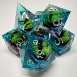 DRAGON'S EYE LIQUID CORE DICE KIT -  SKY BLUE / PINK WITH PINK METALLIC FLASHES IN A BLACK SUEDE CLUTCH (7)
