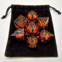 DRAGON'S EYE LIQUID CORE DICE -  ORANGE WITH BLACK NUMBERS IN A BLACK SUEDE POUCH (7)
