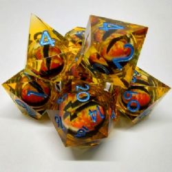 DRAGON'S EYE LIQUID CORE DICE -  ORANGE WITH BLUE NUMBERS IN A BLACK SUEDE POUCH (7)