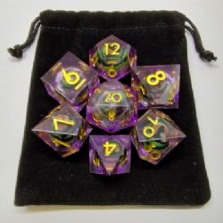 DRAGON'S EYE LIQUID CORE DICE -  PURPLE WITH GREEN EYE IN A BLACK SUEDE POUCH (7)