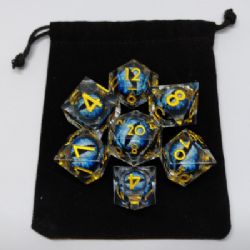 DRAGON'S EYE LIQUID CORE DICE -  TRANSLUCENT WITH BLUE EYE IN A BLACK SUEDE POUCH (7)