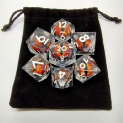 DRAGON'S EYE LIQUID CORE DICE -  TRANSLUCENT WITH RED EYE IN A BLACK SUEDE POUCH (7)