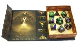 ELDER DICE -  YELLOW SIGN OF HASTUR ''MASKED'' PURPLE AND GREEN - 9 POLYHEDRAL DICES