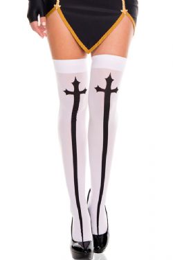 FANTASY -  WHITE WITH BLACK GOTHIC CROSS - ONE-SIZE -  THIGH HIGH