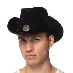 FAR WEST -  LEATHERLIKE COWBOY HAT WITH SNAP AND STAR - BLACK (ADULT)