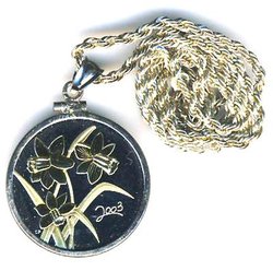 GOLDEN FLOWERS -  GOLDEN DAFFODIL - SILVER CHAIN WITH COIN -  2003 CANADIAN COINS