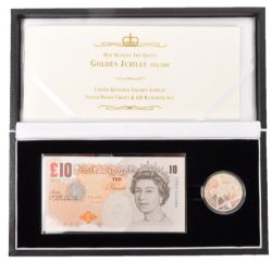 GOLDEN JUBILEE -  SILVER PROOF CROWN AND £10 BANKNOTE SET 1952-2002 -  2002 GREAT BRITAIN COINS