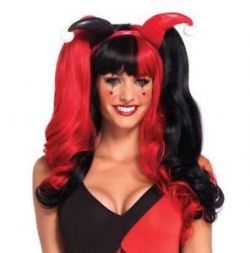 HARLEQUIN WIG WITH CLIP-ON PONY TAILS AND ADJUSTABLE STRAP - BLACK AND RED (ADULT)