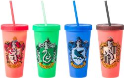 HARRY POTTER -  4 PIECES SET - HOGWARTS HOUSE CRESTS, WITH HEAT REACTIVE PLASTIC (24 OZ) -  PLASTIC TUMBLER
